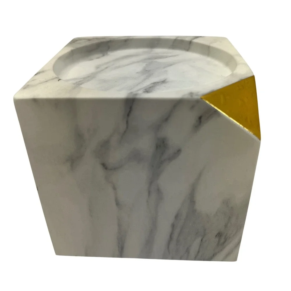 Bath & Body Works Candle Holder Pedestal Marble Tone‎ Gold Accent Cut Out Corner